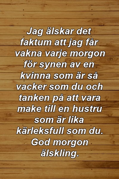 Jag älskar det faktum att jag får vakna varje morgon för synen av en kvinna som är så vacker som du och tanken på att vara make till en hustru som är lika kärleksfull som du. God morgon älskling.