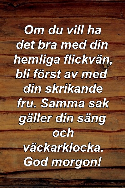 Om du vill ha det bra med din hemliga flickvän, bli först av med din skrikande fru. Samma sak gäller din säng och väckarklocka. God morgon!