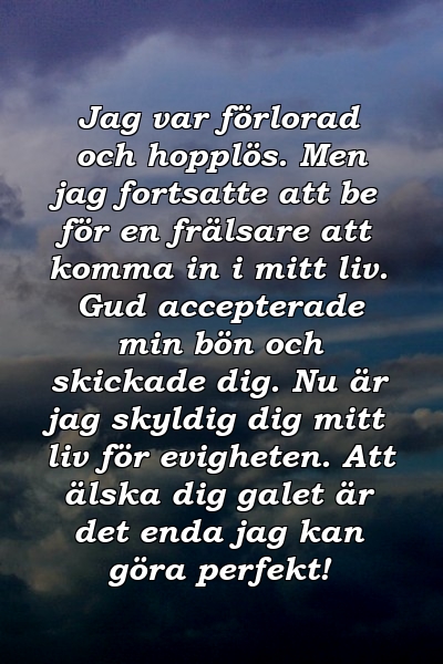 Jag var förlorad och hopplös. Men jag fortsatte att be för en frälsare att komma in i mitt liv. Gud accepterade min bön och skickade dig. Nu är jag skyldig dig mitt liv för evigheten. Att älska dig galet är det enda jag kan göra perfekt!