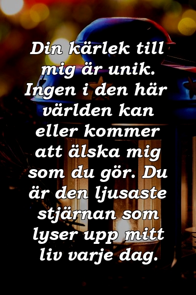 Din kärlek till mig är unik. Ingen i den här världen kan eller kommer att älska mig som du gör. Du är den ljusaste stjärnan som lyser upp mitt liv varje dag.