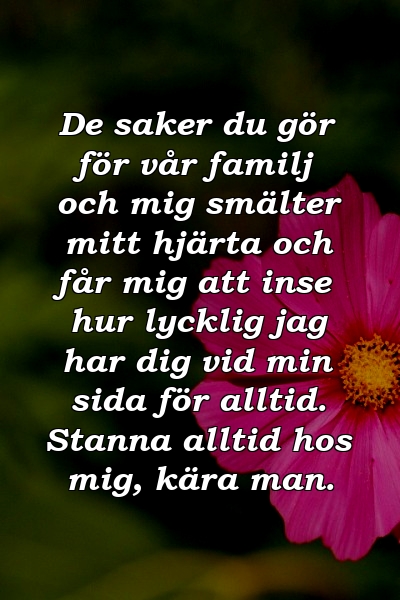 De saker du gör för vår familj och mig smälter mitt hjärta och får mig att inse hur lycklig jag har dig vid min sida för alltid. Stanna alltid hos mig, kära man.