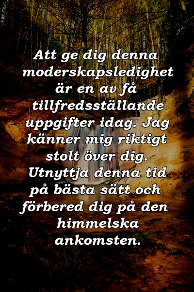 Att ge dig denna moderskapsledighet är en av få tillfredsställande uppgifter idag. Jag känner mig riktigt stolt över dig. Utnyttja denna tid på bästa sätt och förbered dig på den himmelska ankomsten.