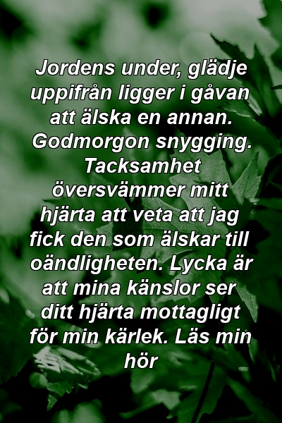 Jordens under, glädje uppifrån ligger i gåvan att älska en annan. Godmorgon snygging. Tacksamhet översvämmer mitt hjärta att veta att jag fick den som älskar till oändligheten. Lycka är att mina känslor ser ditt hjärta mottagligt för min kärlek. Läs min hör