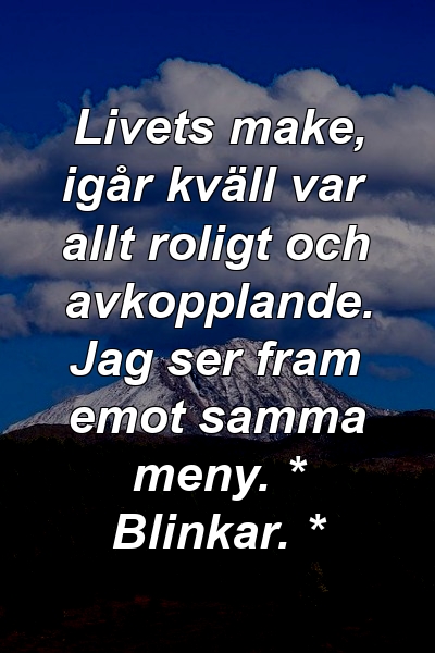 Livets make, igår kväll var allt roligt och avkopplande. Jag ser fram emot samma meny. * Blinkar. *