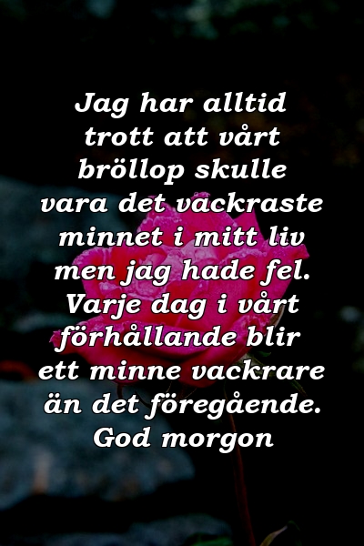 Jag har alltid trott att vårt bröllop skulle vara det vackraste minnet i mitt liv men jag hade fel. Varje dag i vårt förhållande blir ett minne vackrare än det föregående. God morgon