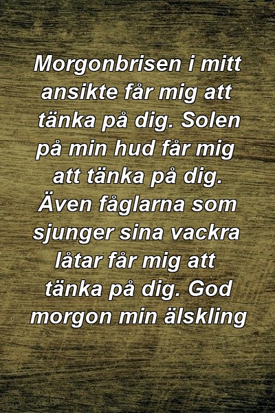 Morgonbrisen i mitt ansikte får mig att tänka på dig. Solen på min hud får mig att tänka på dig. Även fåglarna som sjunger sina vackra låtar får mig att tänka på dig. God morgon min älskling