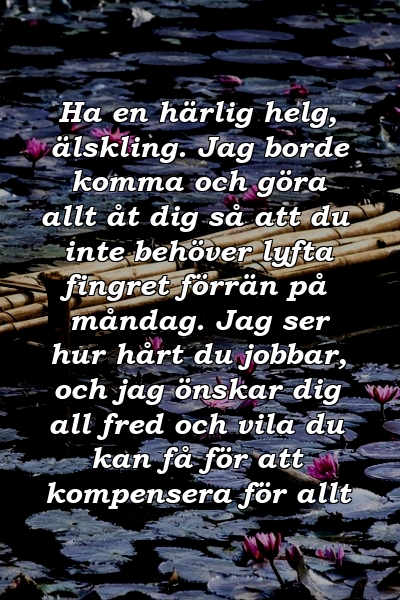 Ha en härlig helg, älskling. Jag borde komma och göra allt åt dig så att du inte behöver lyfta fingret förrän på måndag. Jag ser hur hårt du jobbar, och jag önskar dig all fred och vila du kan få för att kompensera för allt