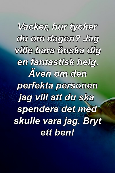 Vacker, hur tycker du om dagen? Jag ville bara önska dig en fantastisk helg. Även om den perfekta personen jag vill att du ska spendera det med skulle vara jag. Bryt ett ben!