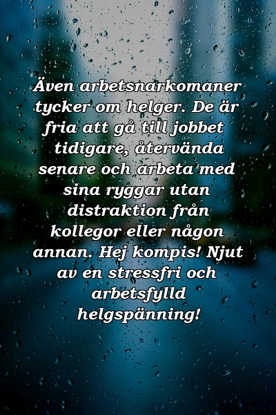 Även arbetsnarkomaner tycker om helger. De är fria att gå till jobbet tidigare, återvända senare och arbeta med sina ryggar utan distraktion från kollegor eller någon annan. Hej kompis! Njut av en stressfri och arbetsfylld helgspänning!