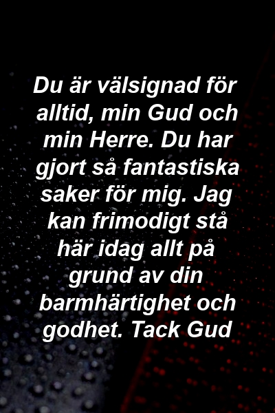 Du är välsignad för alltid, min Gud och min Herre. Du har gjort så fantastiska saker för mig. Jag kan frimodigt stå här idag allt på grund av din barmhärtighet och godhet. Tack Gud