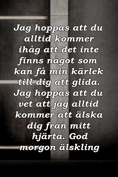 Jag hoppas att du alltid kommer ihåg att det inte finns något som kan få min kärlek till dig att glida. Jag hoppas att du vet att jag alltid kommer att älska dig från mitt hjärta. God morgon älskling