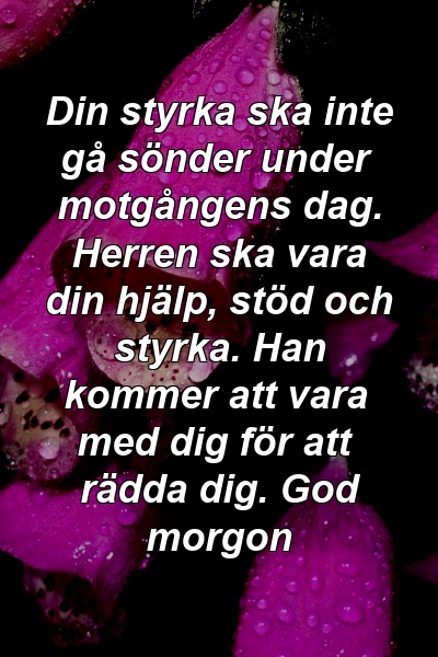 Din styrka ska inte gå sönder under motgångens dag. Herren ska vara din hjälp, stöd och styrka. Han kommer att vara med dig för att rädda dig. God morgon