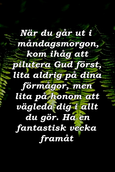 När du går ut i måndagsmorgon, kom ihåg att pilutera Gud först, lita aldrig på dina förmågor, men lita på honom att vägleda dig i allt du gör. Ha en fantastisk vecka framåt