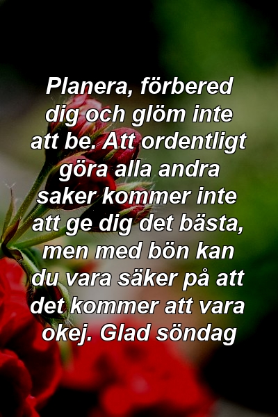 Planera, förbered dig och glöm inte att be. Att ordentligt göra alla andra saker kommer inte att ge dig det bästa, men med bön kan du vara säker på att det kommer att vara okej. Glad söndag