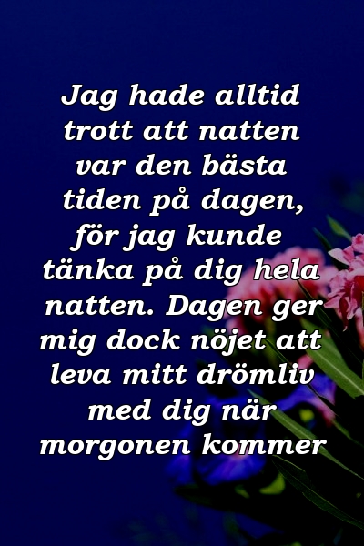 Jag hade alltid trott att natten var den bästa tiden på dagen, för jag kunde tänka på dig hela natten. Dagen ger mig dock nöjet att leva mitt drömliv med dig när morgonen kommer