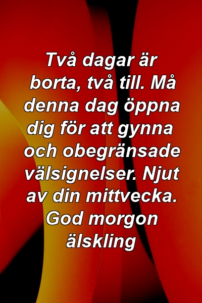 Två dagar är borta, två till. Må denna dag öppna dig för att gynna och obegränsade välsignelser. Njut av din mittvecka. God morgon älskling