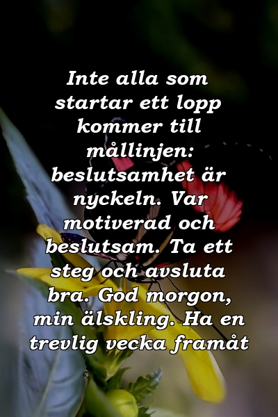 Inte alla som startar ett lopp kommer till mållinjen: beslutsamhet är nyckeln. Var motiverad och beslutsam. Ta ett steg och avsluta bra. God morgon, min älskling. Ha en trevlig vecka framåt