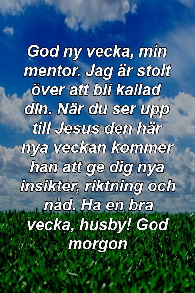 God ny vecka, min mentor. Jag är stolt över att bli kallad din. När du ser upp till Jesus den här nya veckan kommer han att ge dig nya insikter, riktning och nåd. Ha en bra vecka, husby! God morgon