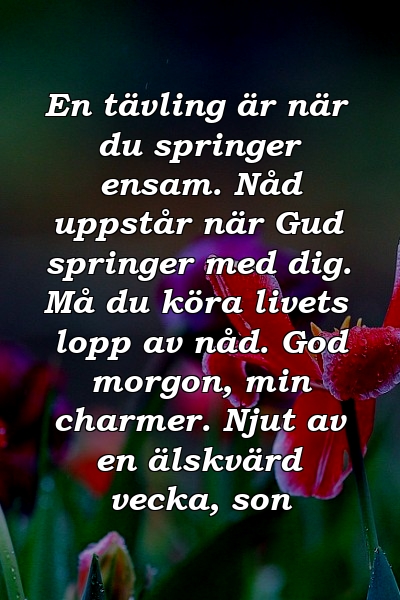 En tävling är när du springer ensam. Nåd uppstår när Gud springer med dig. Må du köra livets lopp av nåd. God morgon, min charmer. Njut av en älskvärd vecka, son