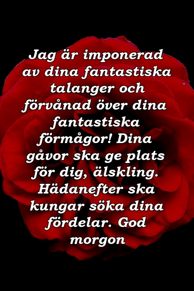 Jag är imponerad av dina fantastiska talanger och förvånad över dina fantastiska förmågor! Dina gåvor ska ge plats för dig, älskling. Hädanefter ska kungar söka dina fördelar. God morgon