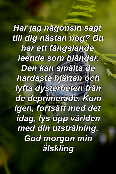 Har jag någonsin sagt till dig nästan nog? Du har ett fängslande leende som bländar. Den kan smälta de hårdaste hjärtan och lyfta dysterheten från de deprimerade. Kom igen, fortsätt med det idag, lys upp världen med din utstrålning. God morgon min älskling