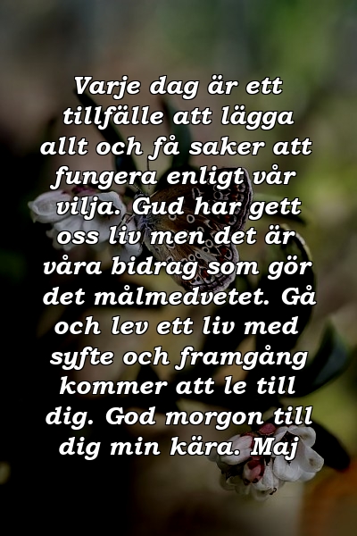 Varje dag är ett tillfälle att lägga allt och få saker att fungera enligt vår vilja. Gud har gett oss liv men det är våra bidrag som gör det målmedvetet. Gå och lev ett liv med syfte och framgång kommer att le till dig. God morgon till dig min kära. Maj