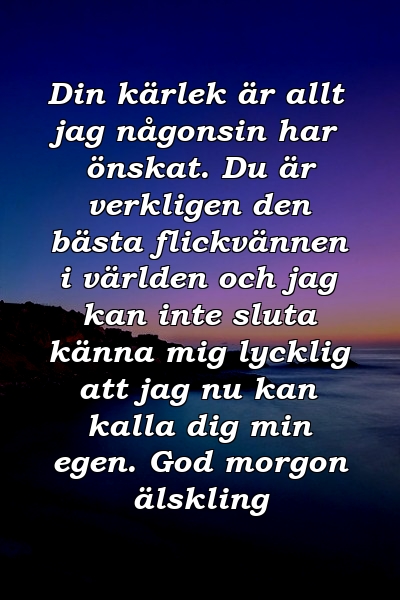 Din kärlek är allt jag någonsin har önskat. Du är verkligen den bästa flickvännen i världen och jag kan inte sluta känna mig lycklig att jag nu kan kalla dig min egen. God morgon älskling