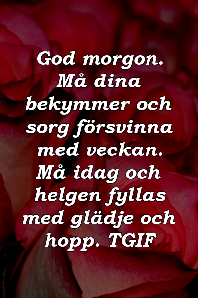 God morgon. Må dina bekymmer och sorg försvinna med veckan. Må idag och helgen fyllas med glädje och hopp. TGIF