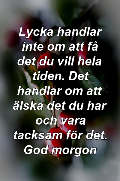 Lycka handlar inte om att få det du vill hela tiden. Det handlar om att älska det du har och vara tacksam för det. God morgon