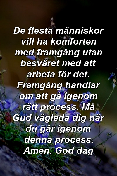 De flesta människor vill ha komforten med framgång utan besväret med att arbeta för det. Framgång handlar om att gå igenom rätt process. Må Gud vägleda dig när du går igenom denna process. Amen. God dag