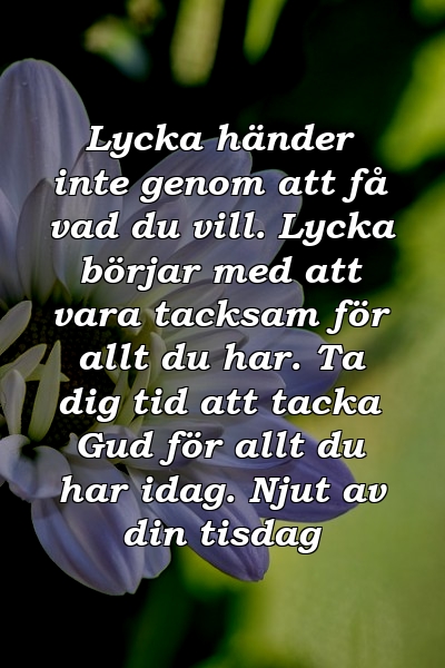 Lycka händer inte genom att få vad du vill. Lycka börjar med att vara tacksam för allt du har. Ta dig tid att tacka Gud för allt du har idag. Njut av din tisdag