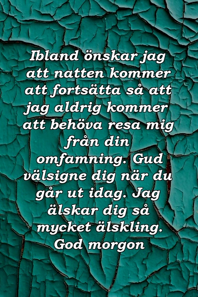 Ibland önskar jag att natten kommer att fortsätta så att jag aldrig kommer att behöva resa mig från din omfamning. Gud välsigne dig när du går ut idag. Jag älskar dig så mycket älskling. God morgon