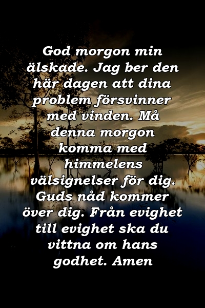 God morgon min älskade. Jag ber den här dagen att dina problem försvinner med vinden. Må denna morgon komma med himmelens välsignelser för dig. Guds nåd kommer över dig. Från evighet till evighet ska du vittna om hans godhet. Amen