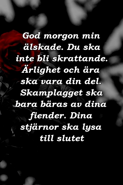 God morgon min älskade. Du ska inte bli skrattande. Ärlighet och ära ska vara din del. Skamplagget ska bara bäras av dina fiender. Dina stjärnor ska lysa till slutet