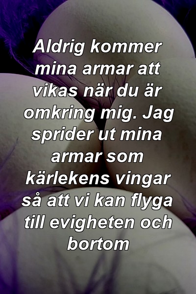 Aldrig kommer mina armar att vikas när du är omkring mig. Jag sprider ut mina armar som kärlekens vingar så att vi kan flyga till evigheten och bortom