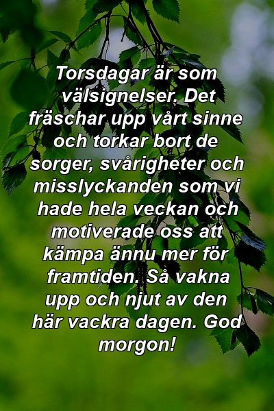 Torsdagar är som välsignelser. Det fräschar upp vårt sinne och torkar bort de sorger, svårigheter och misslyckanden som vi hade hela veckan och motiverade oss att kämpa ännu mer för framtiden. Så vakna upp och njut av den här vackra dagen. God morgon!