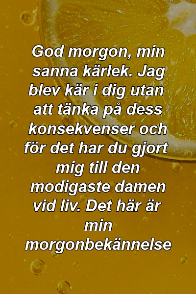 God morgon, min sanna kärlek. Jag blev kär i dig utan att tänka på dess konsekvenser och för det har du gjort mig till den modigaste damen vid liv. Det här är min morgonbekännelse