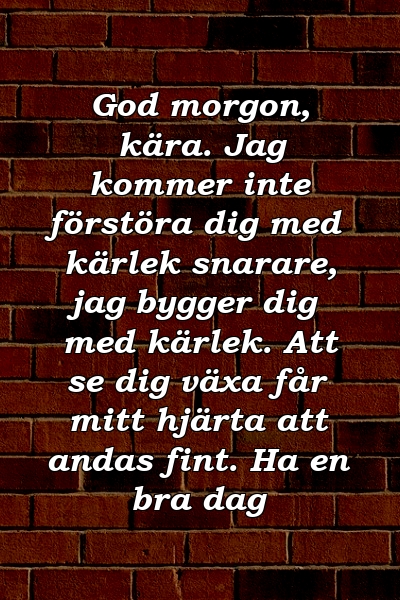 God morgon, kära. Jag kommer inte förstöra dig med kärlek snarare, jag bygger dig med kärlek. Att se dig växa får mitt hjärta att andas fint. Ha en bra dag