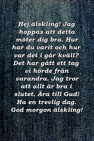 Hej älskling! Jag hoppas att detta möter dig bra. Hur har du varit och hur var det i går kväll? Det har gått ett tag vi hörde från varandra. Jag tror att allt är bra i slutet. Ära till Gud! Ha en trevlig dag. God morgon älskling!