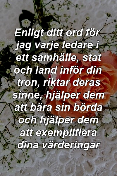 Enligt ditt ord för jag varje ledare i ett samhälle, stat och land inför din tron, riktar deras sinne, hjälper dem att bära sin börda och hjälper dem att exemplifiera dina värderingar