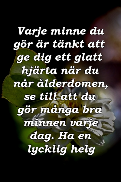 Varje minne du gör är tänkt att ge dig ett glatt hjärta när du når ålderdomen, se till att du gör många bra minnen varje dag. Ha en lycklig helg