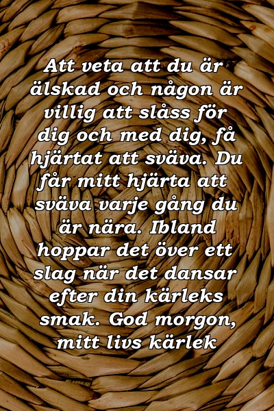 Att veta att du är älskad och någon är villig att slåss för dig och med dig, få hjärtat att sväva. Du får mitt hjärta att sväva varje gång du är nära. Ibland hoppar det över ett slag när det dansar efter din kärleks smak. God morgon, mitt livs kärlek