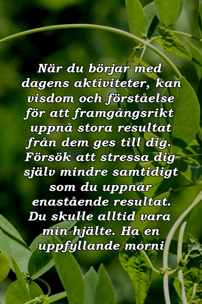 När du börjar med dagens aktiviteter, kan visdom och förståelse för att framgångsrikt uppnå stora resultat från dem ges till dig. Försök att stressa dig själv mindre samtidigt som du uppnår enastående resultat. Du skulle alltid vara min hjälte. Ha en uppfyllande morni