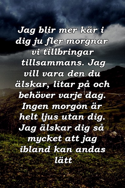 Jag blir mer kär i dig ju fler morgnar vi tillbringar tillsammans. Jag vill vara den du älskar, litar på och behöver varje dag. Ingen morgon är helt ljus utan dig. Jag älskar dig så mycket att jag ibland kan andas lätt