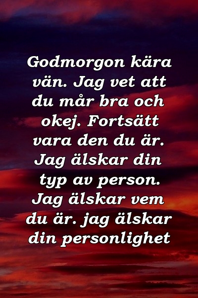 Godmorgon kära vän. Jag vet att du mår bra och okej. Fortsätt vara den du är. Jag älskar din typ av person. Jag älskar vem du är. jag älskar din personlighet