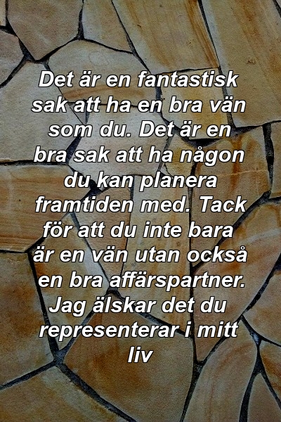 Det är en fantastisk sak att ha en bra vän som du. Det är en bra sak att ha någon du kan planera framtiden med. Tack för att du inte bara är en vän utan också en bra affärspartner. Jag älskar det du representerar i mitt liv