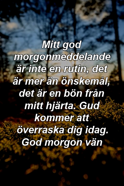 Mitt god morgonmeddelande är inte en rutin, det är mer än önskemål, det är en bön från mitt hjärta. Gud kommer att överraska dig idag. God morgon vän