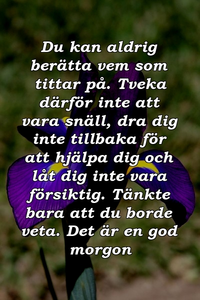 Du kan aldrig berätta vem som tittar på. Tveka därför inte att vara snäll, dra dig inte tillbaka för att hjälpa dig och låt dig inte vara försiktig. Tänkte bara att du borde veta. Det är en god morgon