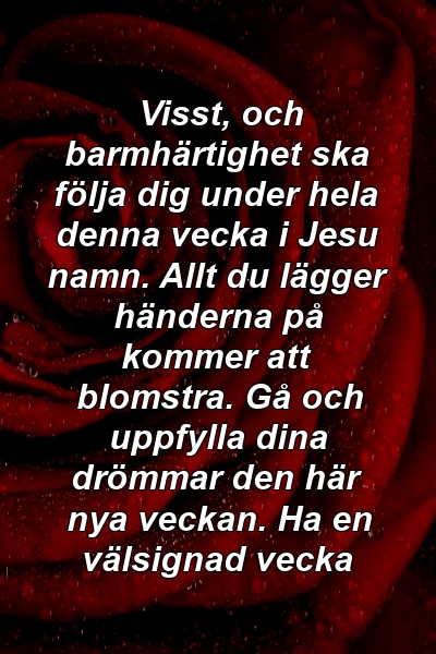 Visst, och barmhärtighet ska följa dig under hela denna vecka i Jesu namn. Allt du lägger händerna på kommer att blomstra. Gå och uppfylla dina drömmar den här nya veckan. Ha en välsignad vecka