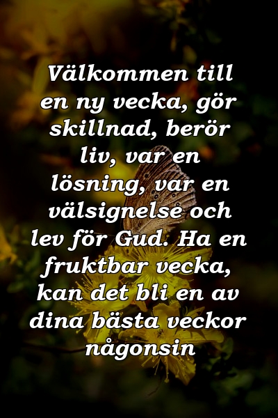 Välkommen till en ny vecka, gör skillnad, berör liv, var en lösning, var en välsignelse och lev för Gud. Ha en fruktbar vecka, kan det bli en av dina bästa veckor någonsin